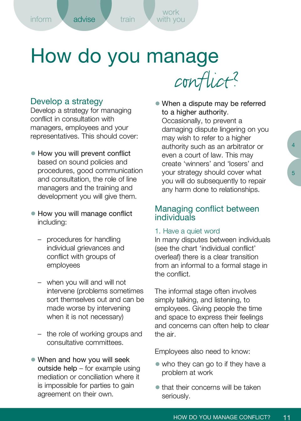 them. How you will manage conflict including: procedures for handling individual grievances and conflict with groups of employees when you will and will not intervene (problems sometimes sort