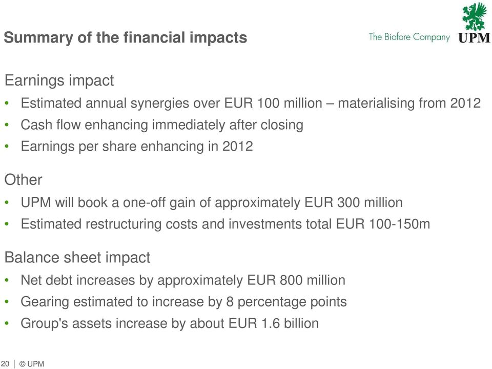 EUR 300 million Estimated restructuring costs and investments total EUR 100-150m Balance sheet impact Net debt increases by