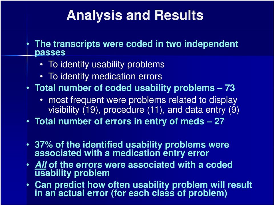 number of errors in entry of meds 27 37% of the identified usability problems were associated with a medication entry error All of the errors