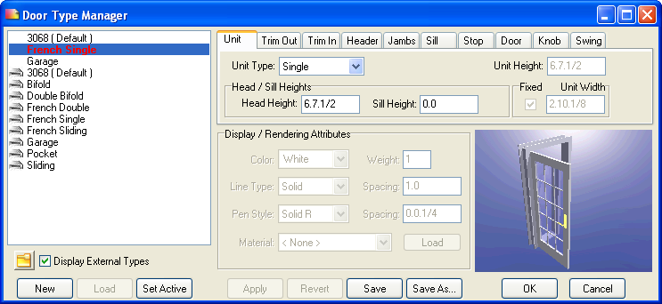 3. Refine the door properties by using the options in the various tab sections of the Door Type Manager.