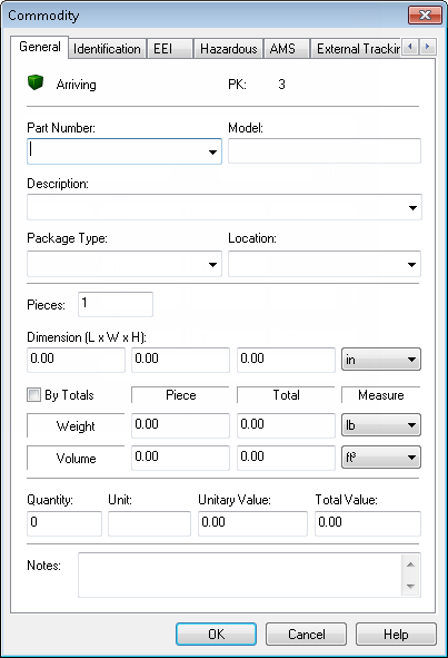 PICK UP CARGO: CREATE A PICKUP ORDER COMMODITIES TAB On the General tab of the Commodity dialog box, you can enter information about an item for pick up.