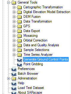 Quick start and basic functions GCP selection To start creating a GCP file, open the Create Ground Control Point tool, found in SARscape General Tools (Figure 1 left).