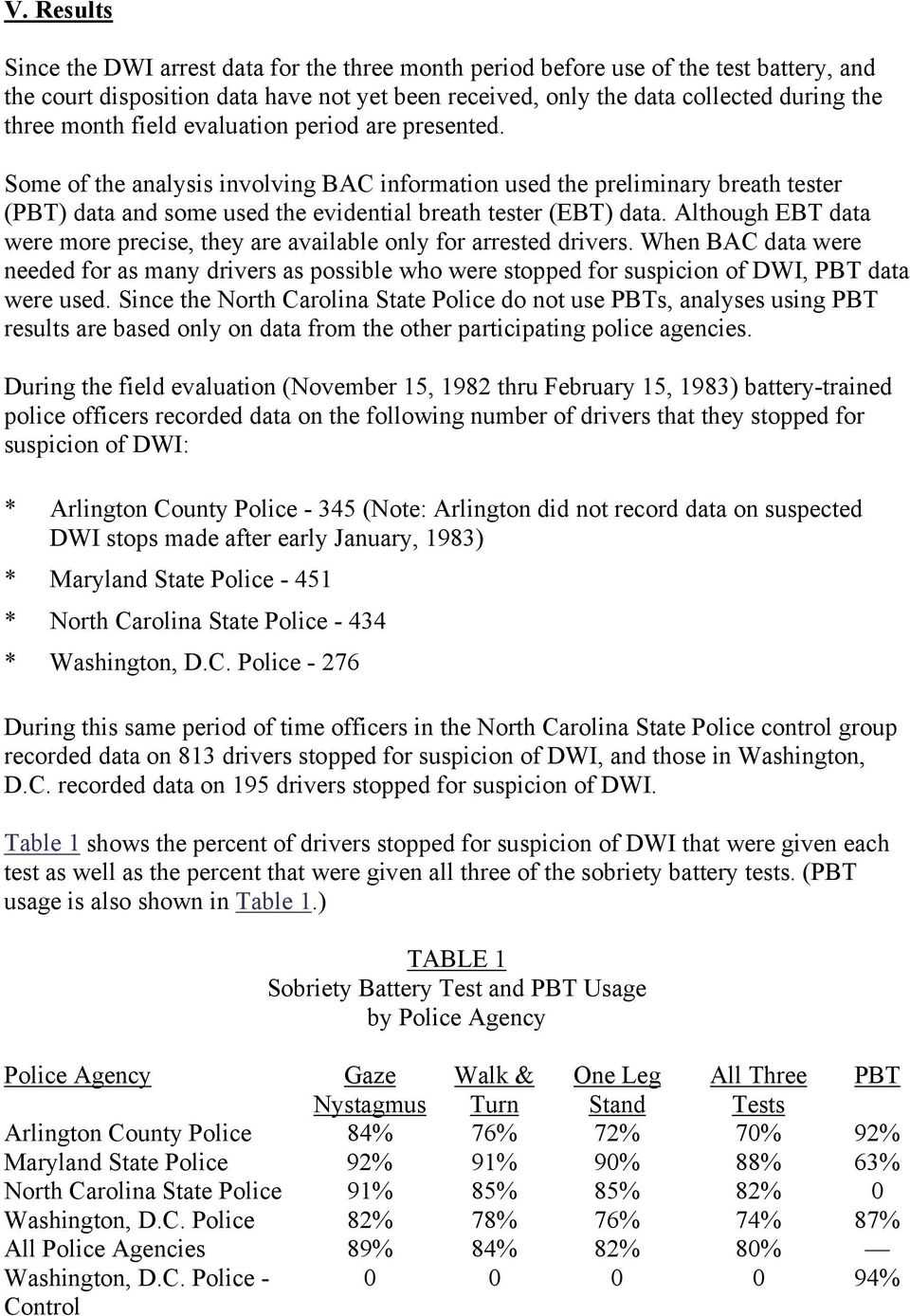 Although EBT data were more precise, they are available only for arrested drivers. When BAC data were needed for as many drivers as possible who were stopped for suspicion of DWI, PBT data were used.