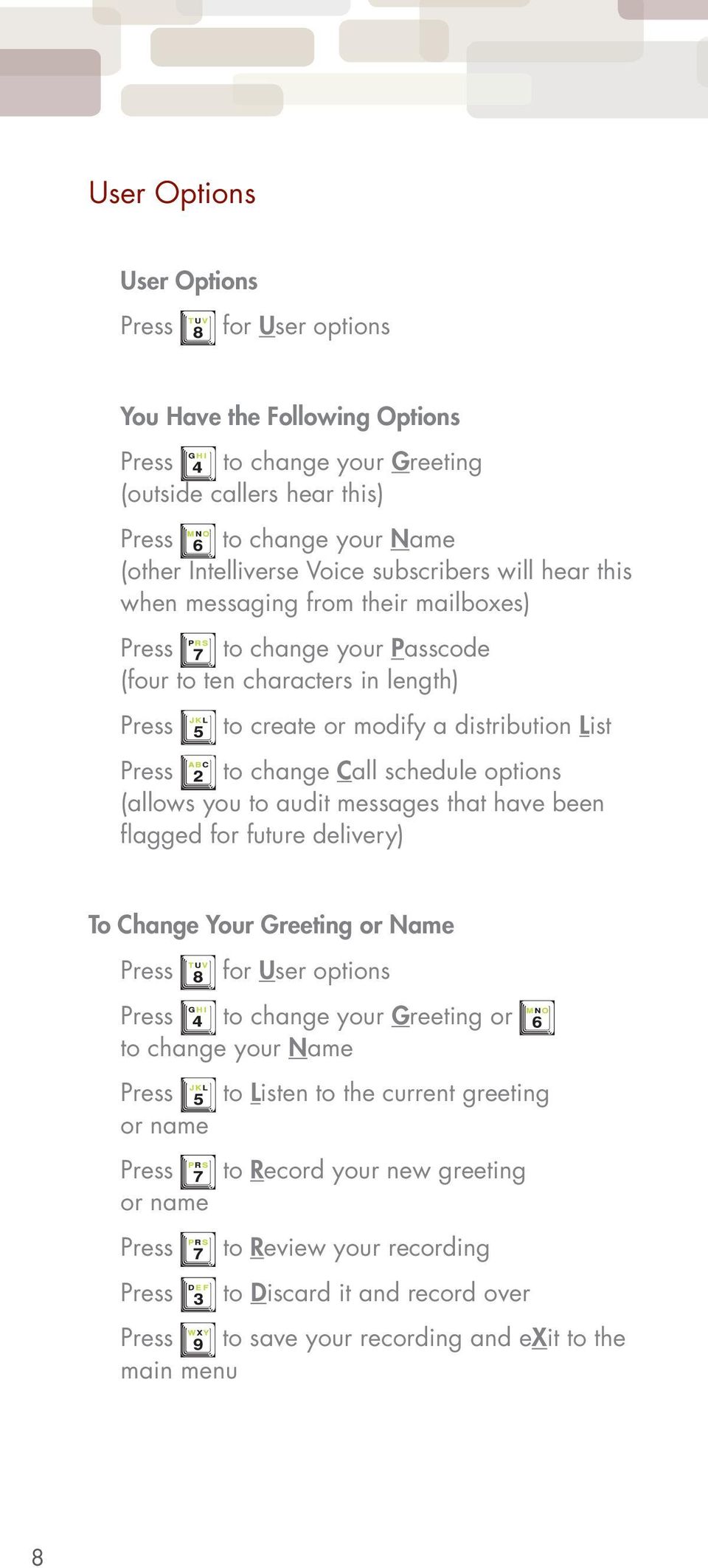 schedule options (allows you to audit messages that have been flagged for future delivery) To Change Your Greeting or Name for User options to change your Greeting or to change