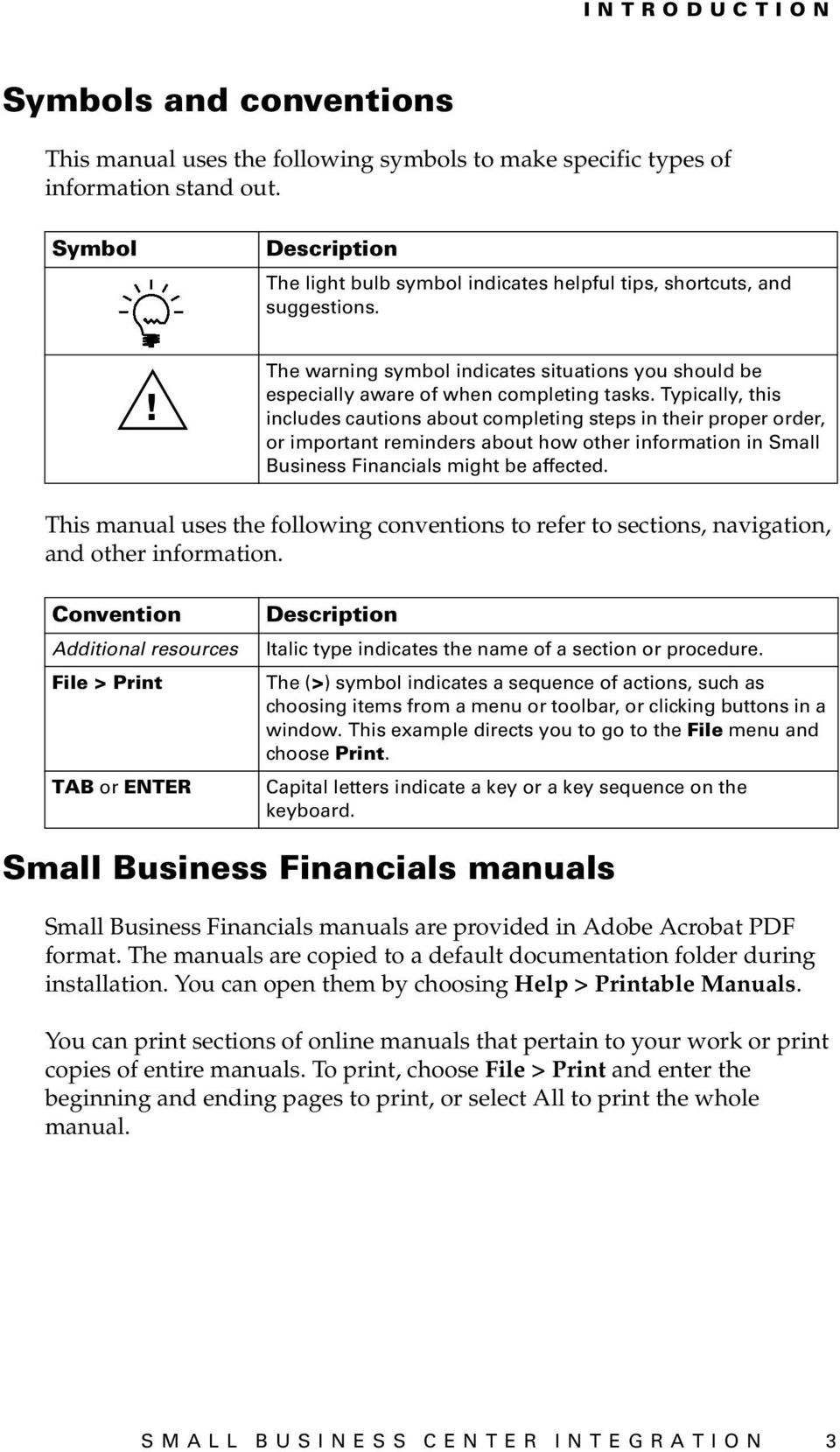 Typically, this includes cautions about completing steps in their proper order, or important reminders about how other information in Small Business Financials might be affected.