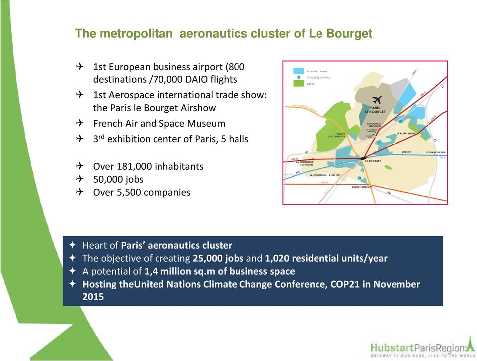 181,000 inhabitants 50,000 jobs Over 5,500 companies Heartof Paris aeronauticscluster The objective of creating25,000 jobs and 1,020