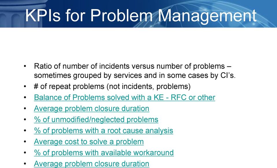 # of repeat problems (not incidents, problems) Balance of Problems solved with a KE - RFC or other Average