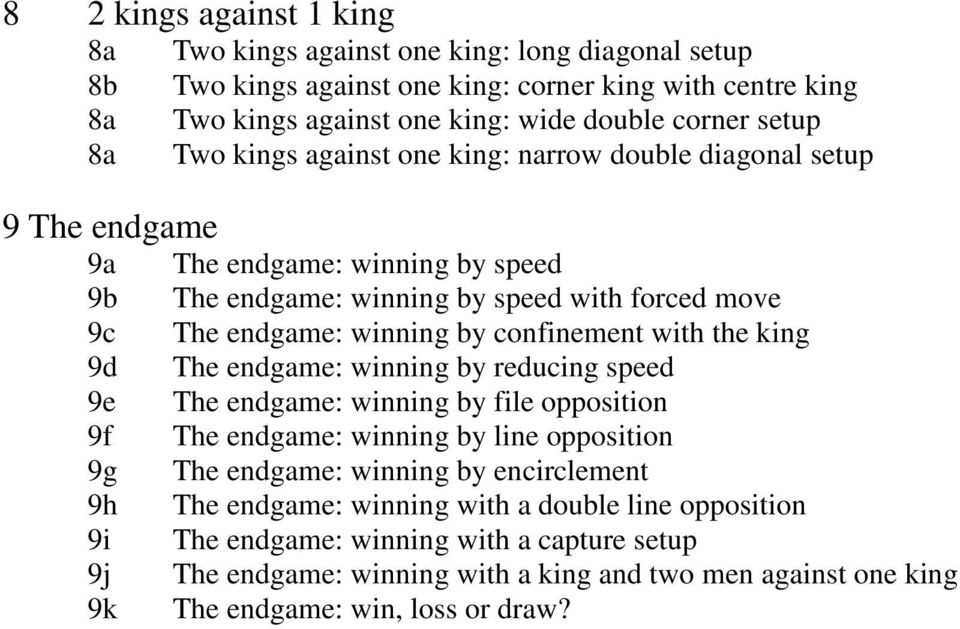 endgame: winning by confinement with the king The endgame: winning by reducing speed The endgame: winning by file opposition The endgame: winning by line opposition The endgame: winning by