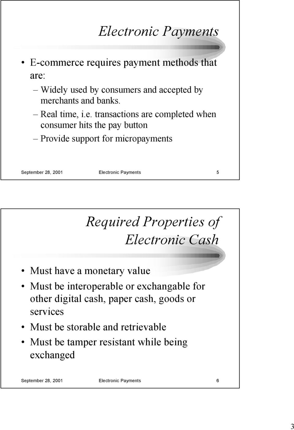 Electronic Payments 5 Required Properties of Electronic Cash Must have a monetary value Must be interoperable or exchangable for other