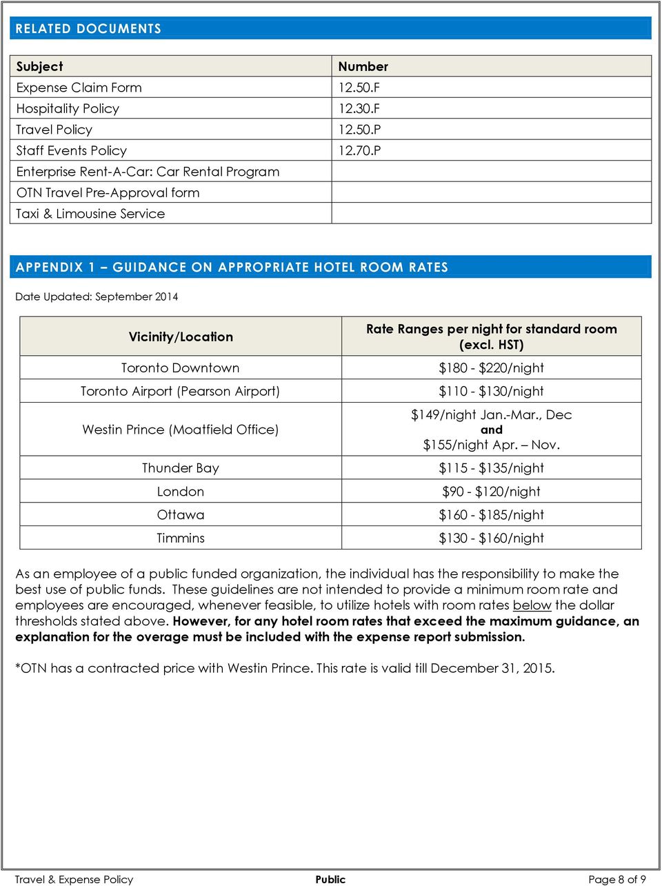 P APPENDIX 1 GUIDANCE ON APPROPRIATE HOTEL ROOM RATES Date Updated: September 2014 Vicinity/Location Toronto Downtown Toronto Airport (Pearson Airport) Westin Prince (Moatfield Office) Thunder Bay