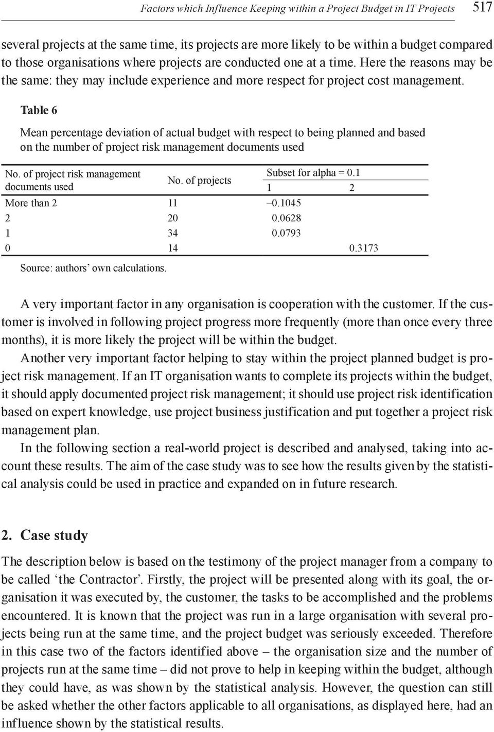 Table 6 Mean percentage deviation of actual budget with respect to being planned and based on the number of project risk management documents used No. of project risk management documents used No. of projects Subset for alpha = 0.