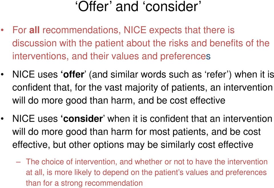 cost effective NICE uses consider when it is confident that an intervention will do more good than harm for most patients, and be cost effective, but other options may be similarly