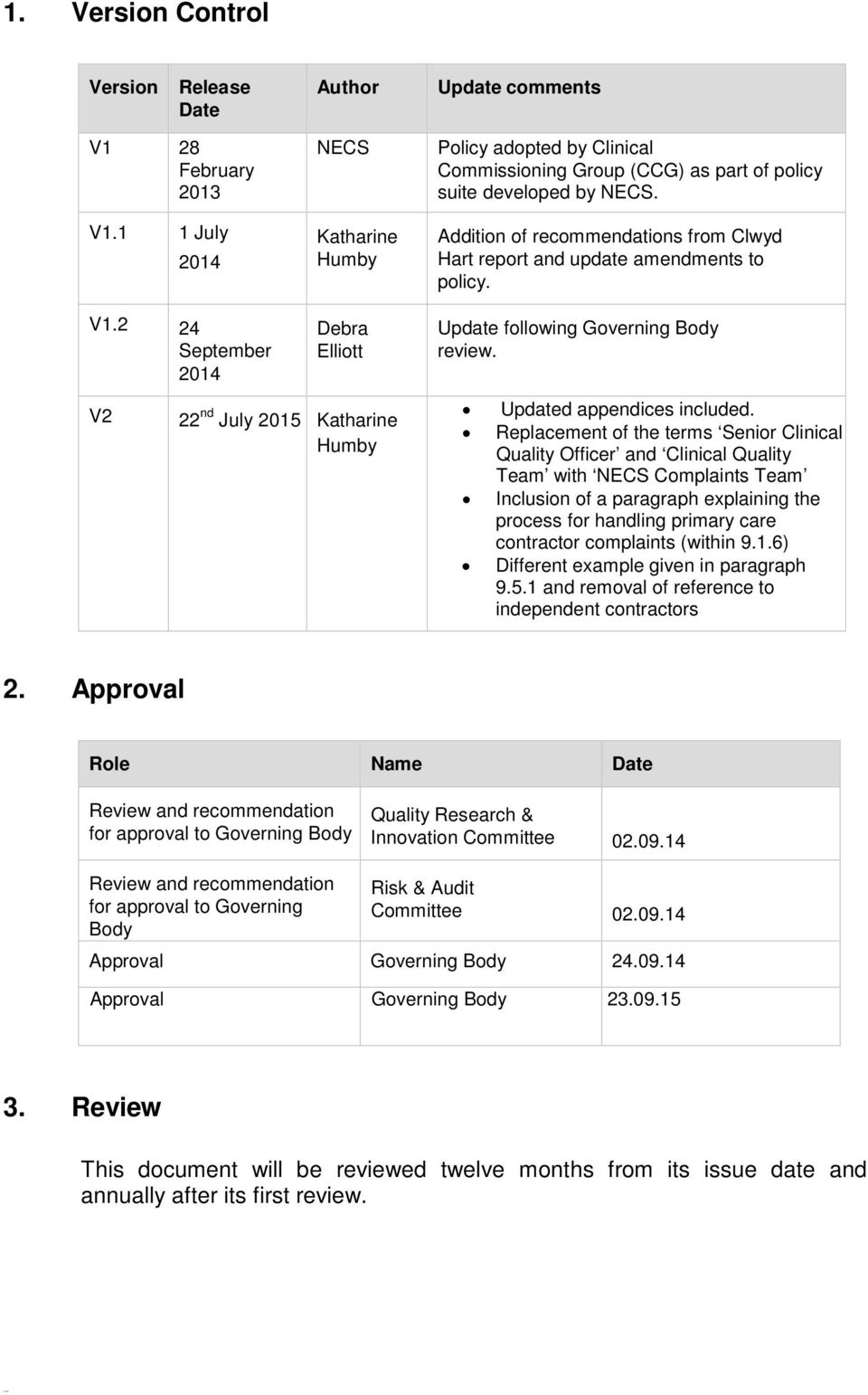 Addition of recommendations from Clwyd Hart report and update amendments to policy. Update following Governing Body review. V2 22 nd July 2015 Katharine Humby Updated appendices included.