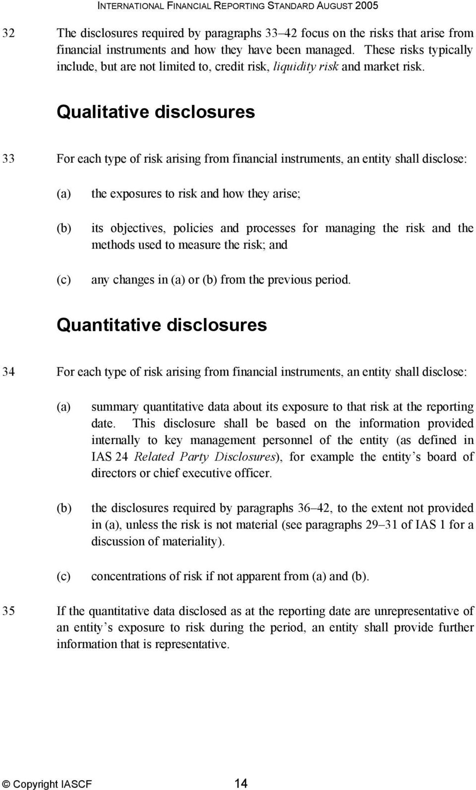 Qualitative disclosures 33 For each type of risk arising from financial instruments, an entity shall disclose: the exposures to risk and how they arise; its objectives, policies and processes for
