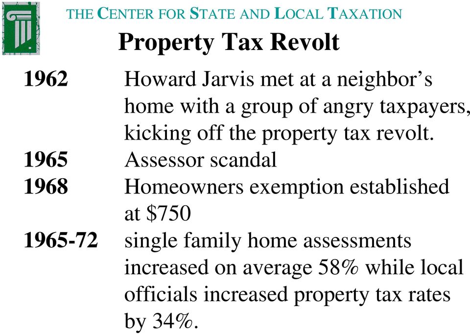 1965 Assessor scandal 1968 Homeowners exemption established at $750 1965-72