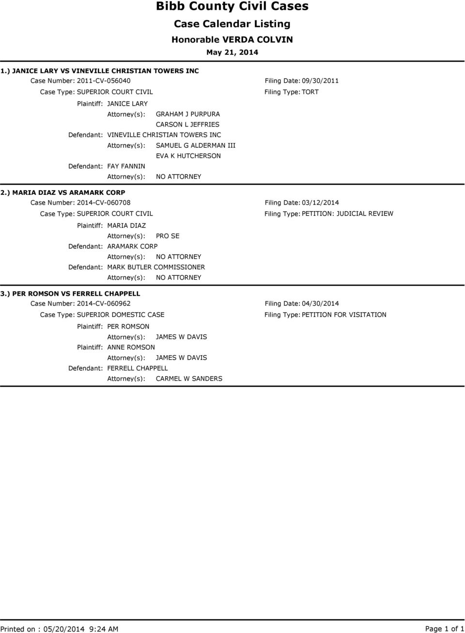 2014-CV-060708 Filing Date: 03/12/2014 Case Type: SUPERIOR COURT CIVIL MARIA DIAZ ARAMARK CORP PRO SE MARK BUTLER COMMISSIONER 3.