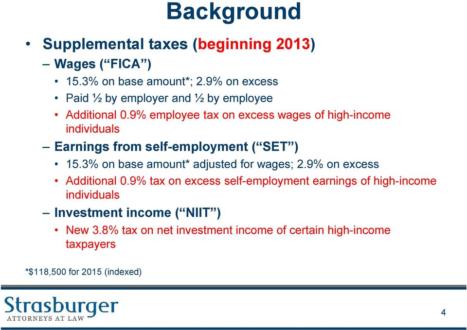 9% employee tax on excess wages of high-income individuals Earnings from self-employment ( SET ) 15.
