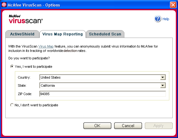 McAfee VirusScan Reporting to the World Virus Map To automatically report virus information to the World Virus Map: 1 Right-click the McAfee icon, point to VirusScan, then click Options.
