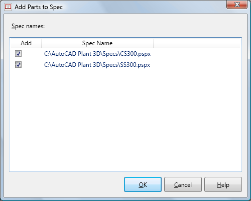 List of Options Add Sets the spec files to add catalog parts. A spec file must be open to appear in the list.