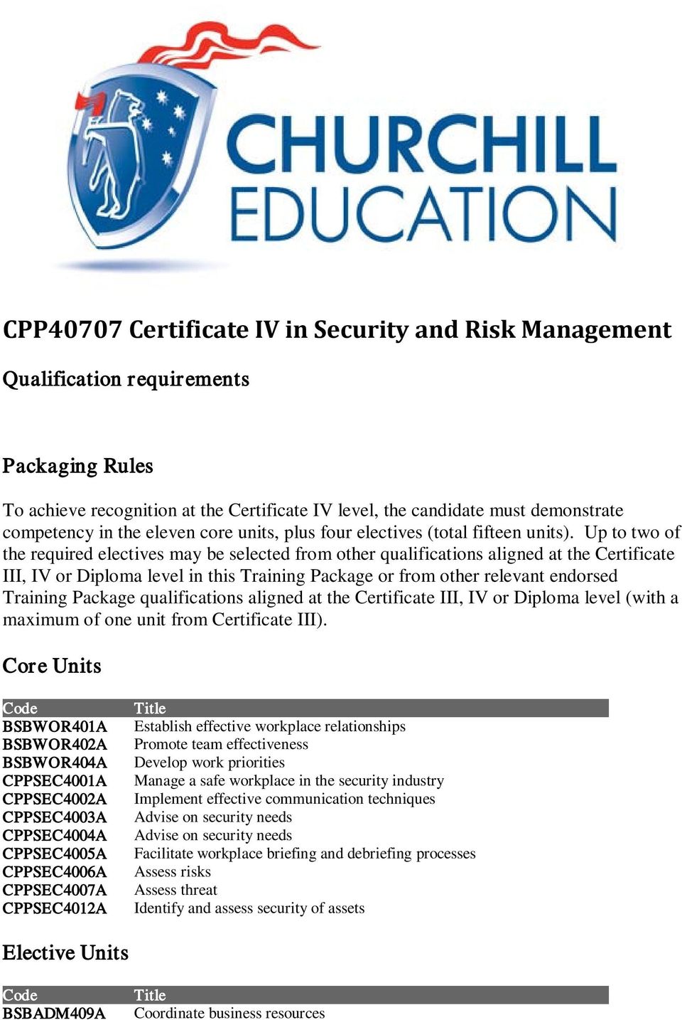 Up to two of the required electives may be selected from other qualifications aligned at the Certificate III, IV or Diploma level in this Training Package or from other relevant endorsed Training