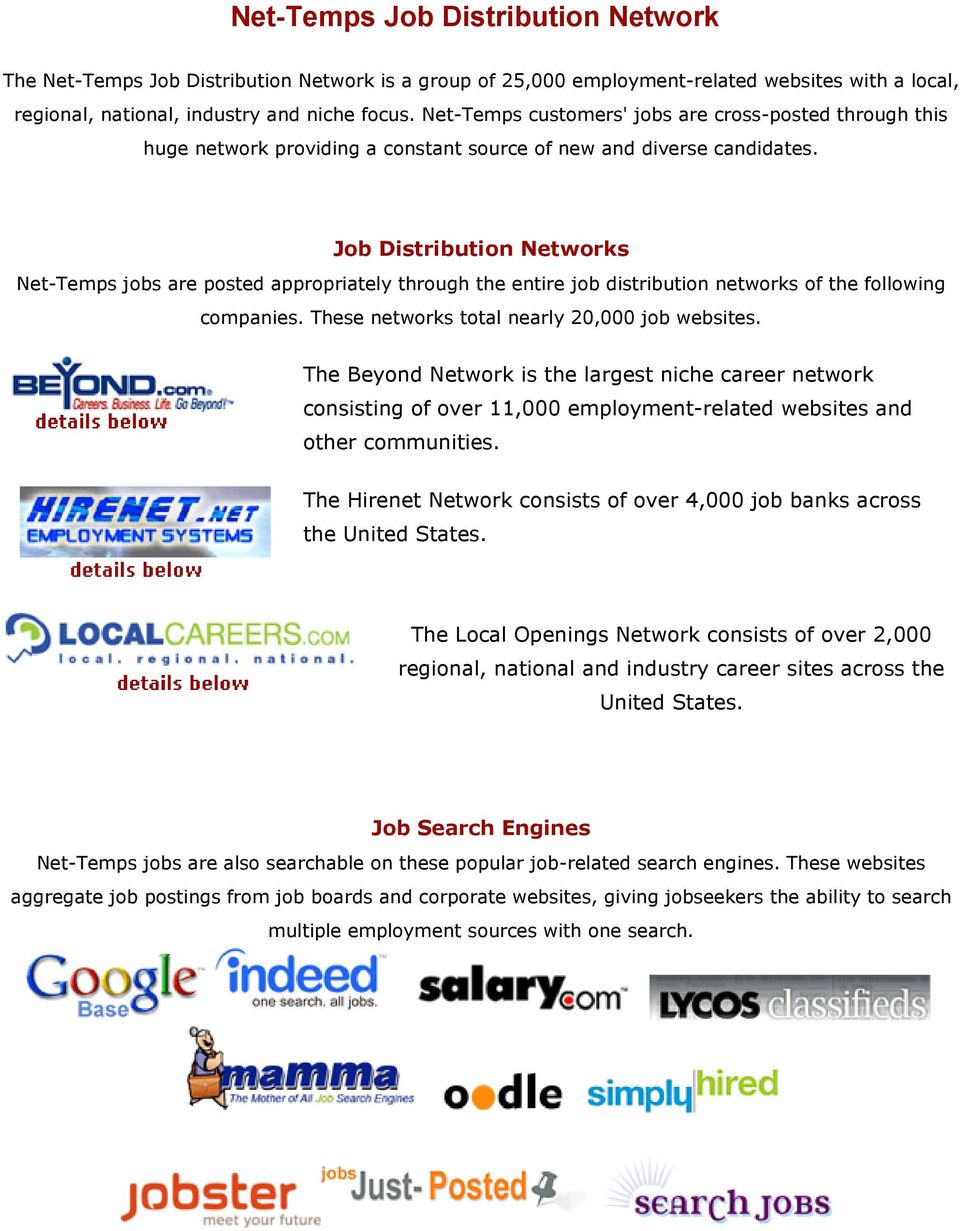 Job Distribution Networks Net-Temps jobs are posted appropriately through the entire job distribution networks of the following companies. These networks total nearly 20,000 job websites.