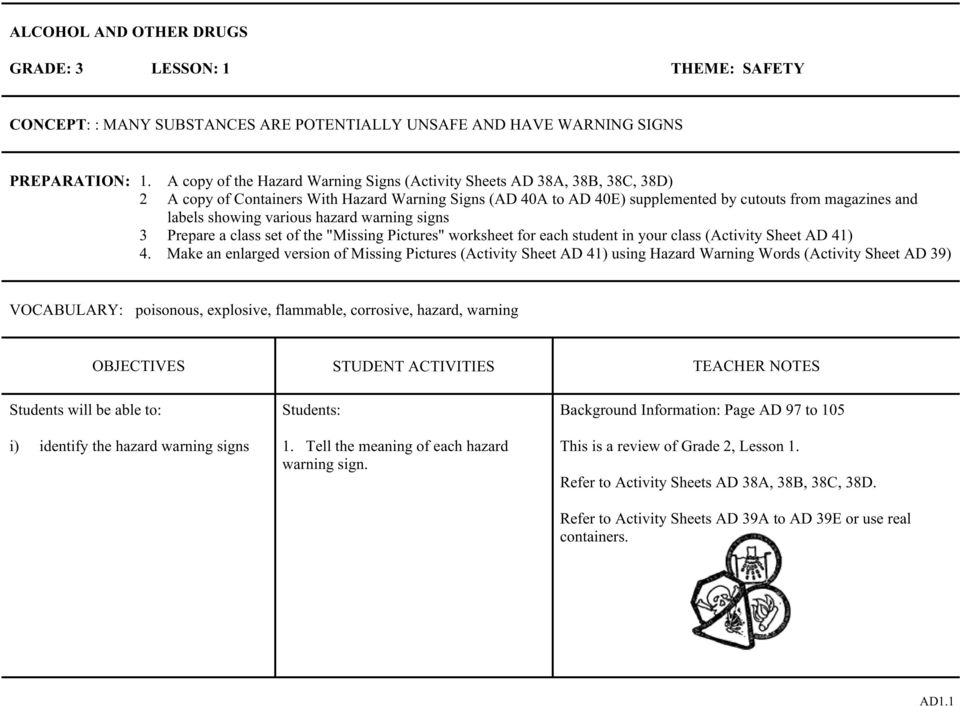 showing various hazard warning signs 3 Prepare a class set of the "Missing Pictures" worksheet for each student in your class (Activity Sheet AD 41) 4.