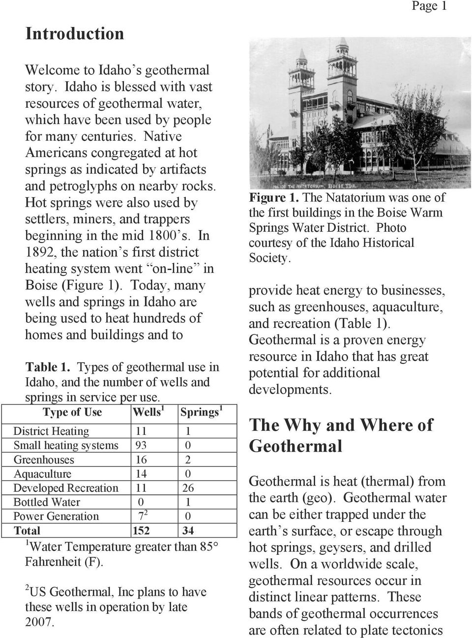 In 1892, the nation s first district heating system went on-line in Boise (Figure 1). Today, many wells and springs in Idaho are being used to heat hundreds of homes and buildings and to Table 1.