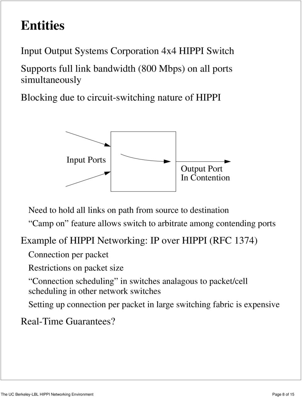 contending ports Example of HIPPI Networking: IP over HIPPI (RFC 1374) Connection per packet Restrictions on packet size Connection scheduling in switches
