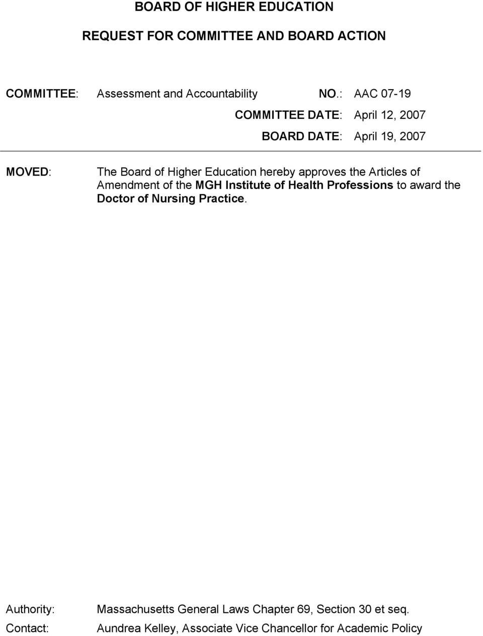 approves the Articles of Amendment of the MGH Institute of Health Professions to award the Doctor of Nursing Practice.