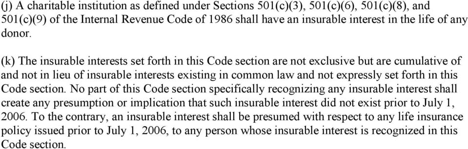 Code section. No part of this Code section specifically recognizing any insurable interest shall create any presumption or implication that such insurable interest did not exist prior to July 1, 2006.