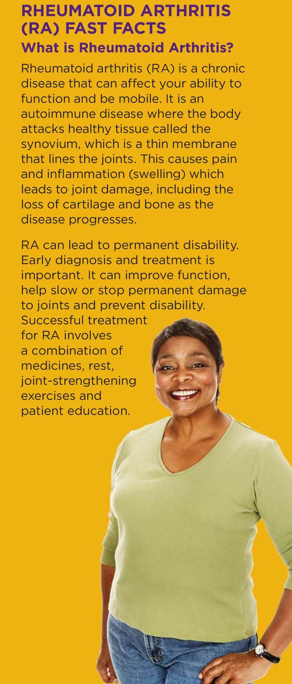 This causes pain and inflammation (swelling) which leads to joint damage, including the loss of cartilage and bone as the disease progresses. RA can lead to permanent disability.