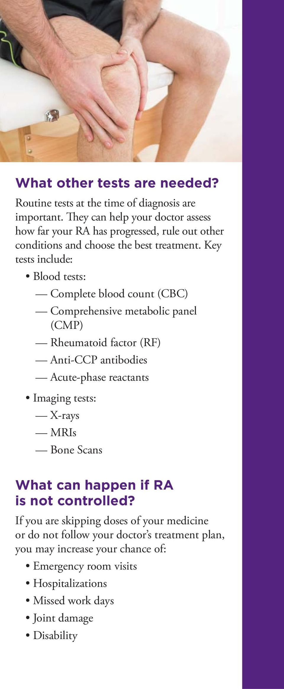 Key tests include: Blood tests: Complete blood count (CBC) Comprehensive metabolic panel (CMP) Rheumatoid factor (RF) Anti-CCP antibodies Acute-phase reactants