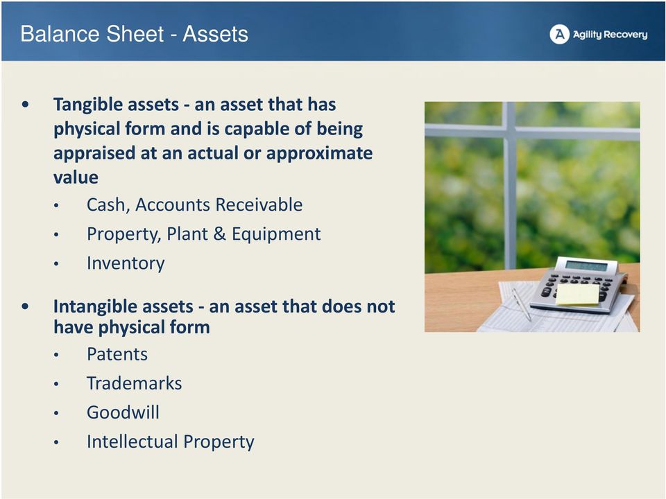 Receivable Property, Plant & Equipment Inventory Intangible assets an asset