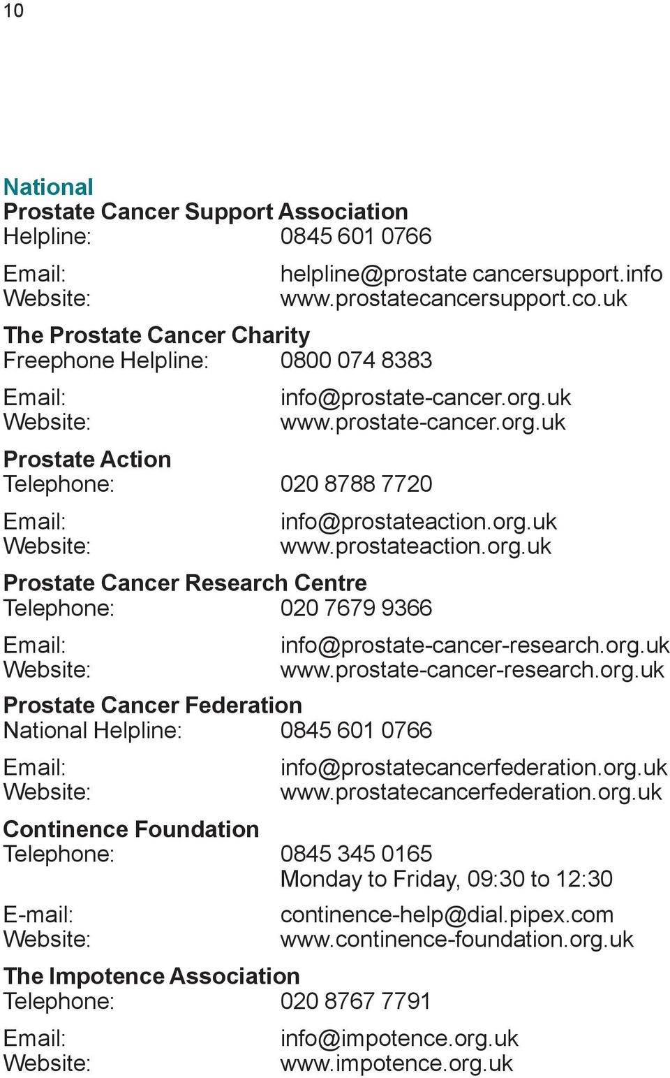 org.uk www.prostate-cancer-research.org.uk info@prostatecancerfederation.org.uk www.prostatecancerfederation.org.uk Continence Foundation Telephone: 0845 345 0165 Monday to Friday, 09:30 to 12:30 E-mail: The Impotence Association Telephone: 020 8767 7791 continence-help@dial.