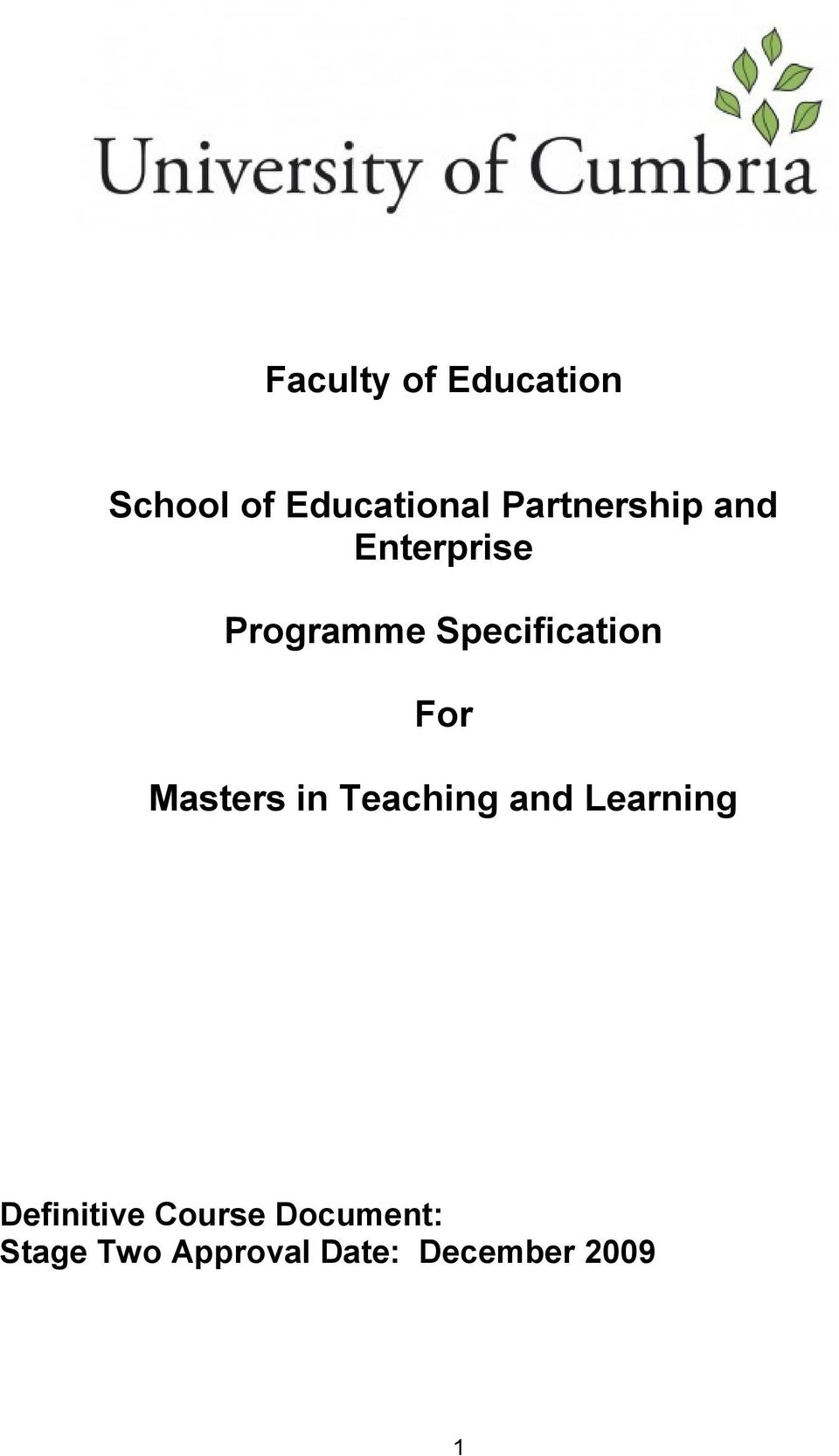 Specification For Masters in Teaching and