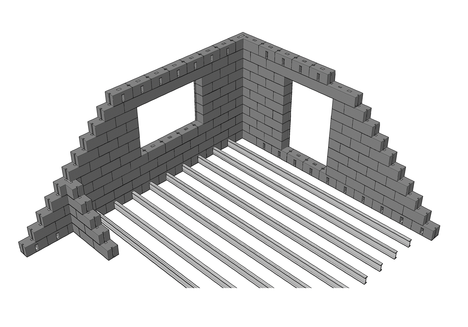 The block has modifications such as corner blocks, blocks for doors and windows, and others. Similar to the toy set Lego, only a small set of block forms is needed to erect complex buildings.