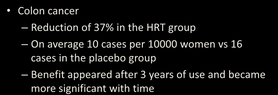 Benefits shown by the combined HRT study Colon cancer WHI Reduction of 37% in the HRT group On average 10 cases per