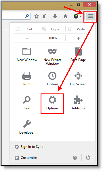 Image 17: Accessing Firefox Options 3. Select the three lines icon tab in the upper right-hand corner. Select Options and then select Options again (see image above).