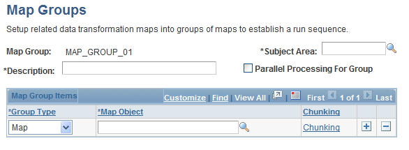 Running the Data Transformation Process and Correcting Errors Chapter 6 Defining Map Groups Access the Map Groups page (Enterprise Components, Data Transformation, Define Map Groups, Map Groups).