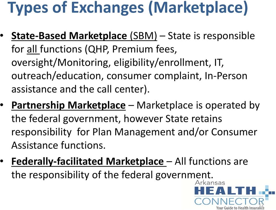 Partnership Marketplace Marketplace is operated by the federal government, however State retains responsibility for Plan Management