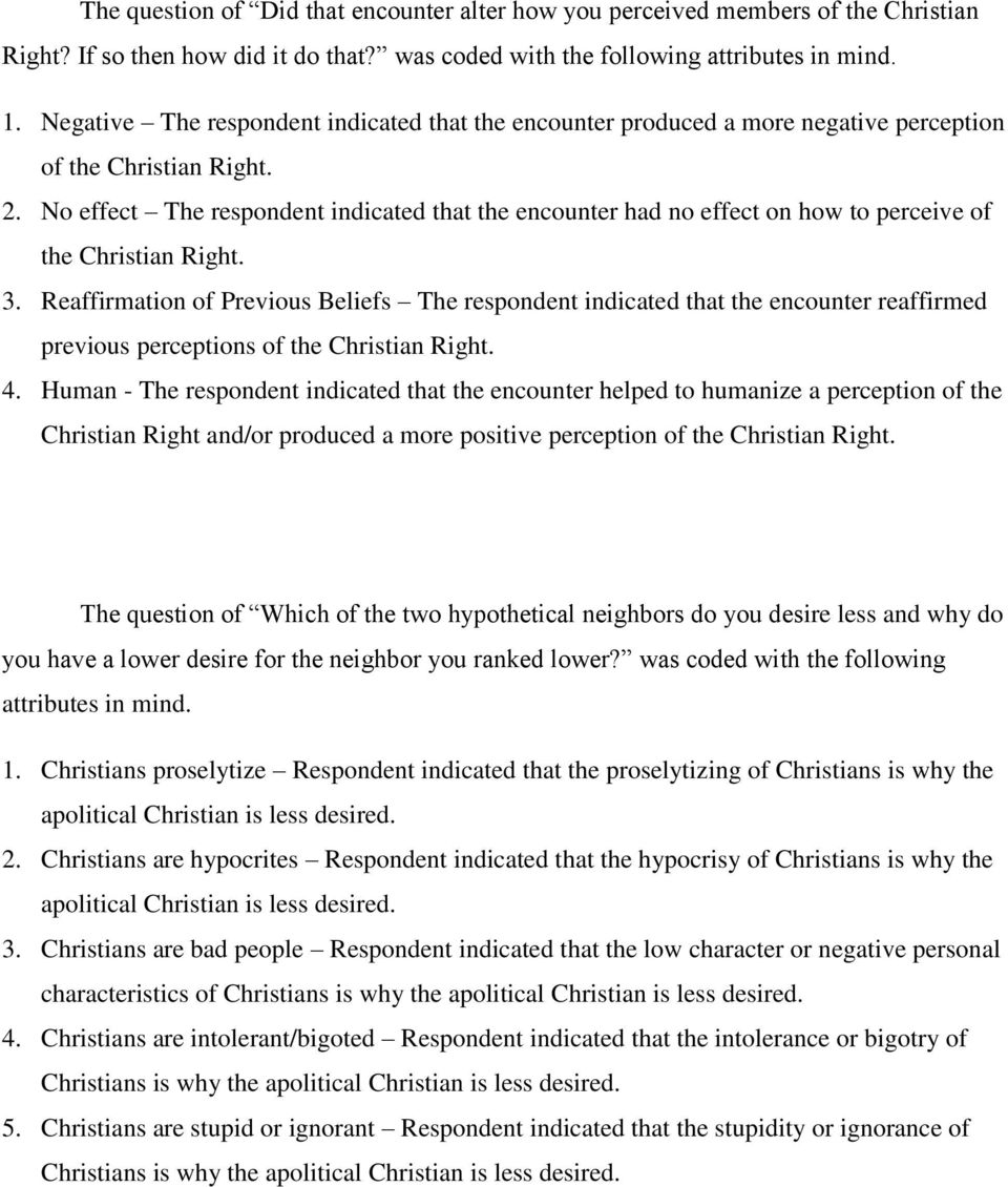 No effect The respondent indicated that the encounter had no effect on how to perceive of the Christian Right. 3.