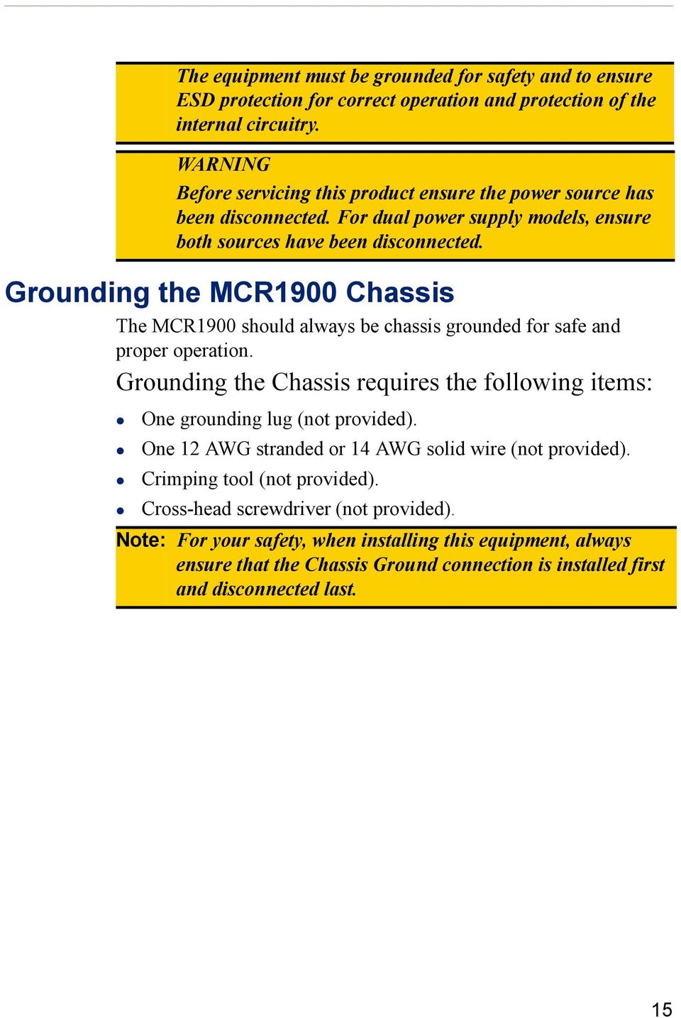 Grounding the MCR1900 Chassis The MCR1900 should always be chassis grounded for safe and proper operation.