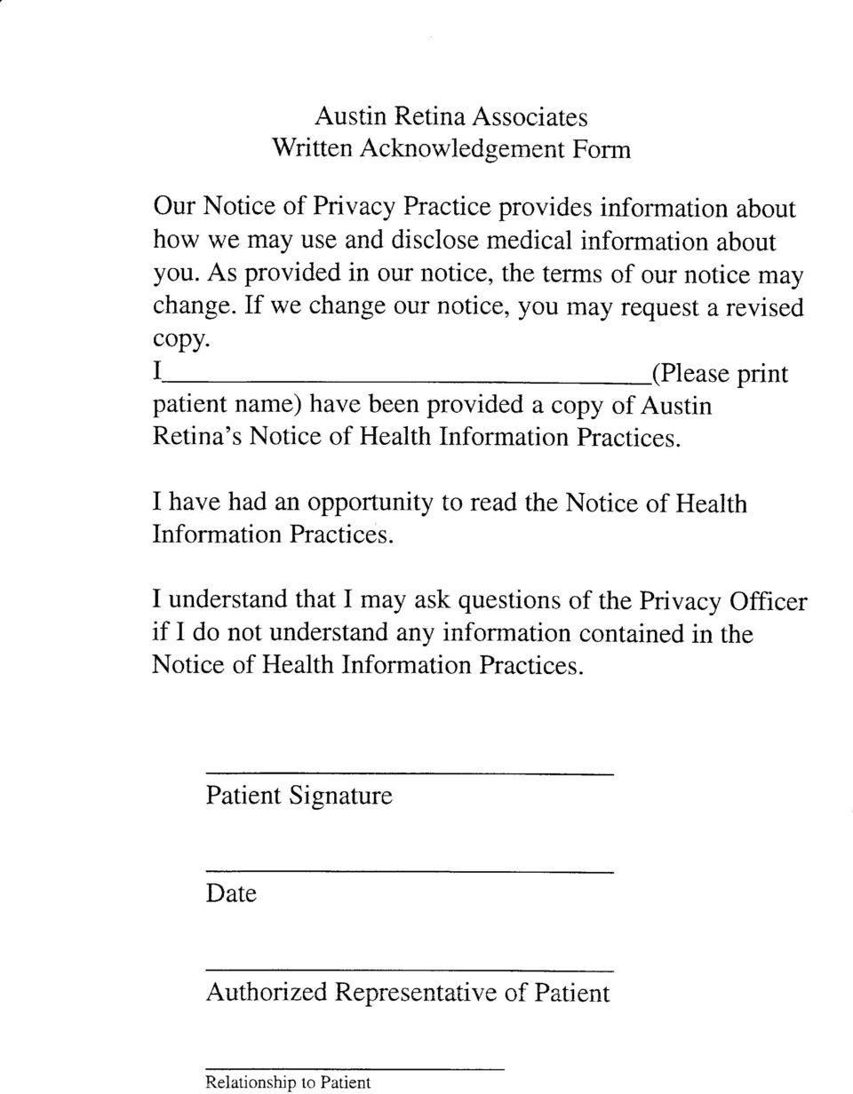 If we change our notice, lou rnay request a revised copyf (P1ease prinr patient name) have been provided a copy of Austin Retina's Notice of Health Information Practices.