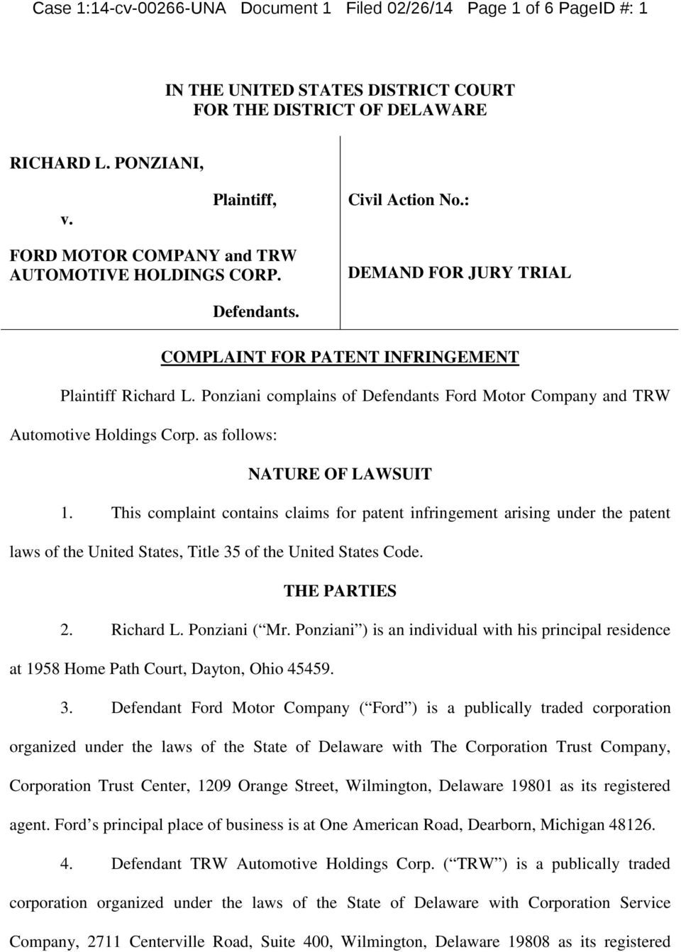 Ponziani complains of Defendants Ford Motor Company and TRW Automotive Holdings Corp. as follows: NATURE OF LAWSUIT 1.