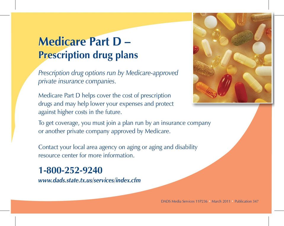 Medicare Part D helps cover the cost of prescription drugs and may help lower your expenses and protect