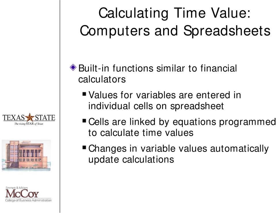 individual cells on spreadsheet Cells are linked by equations programmed