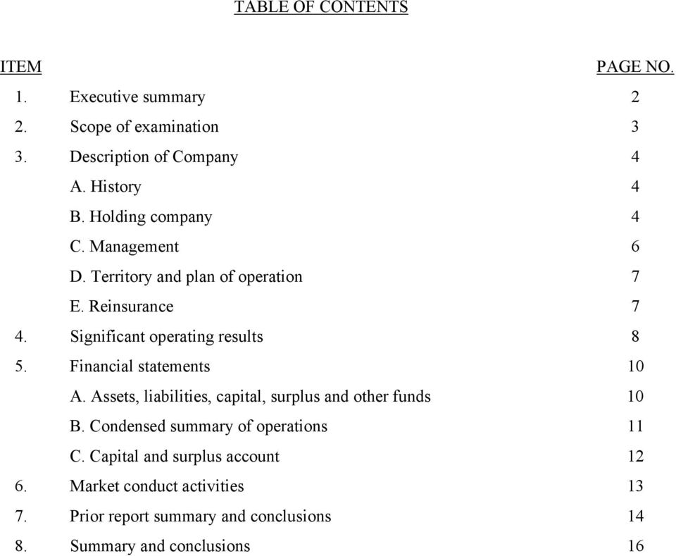 Financial statements 10 A. Assets, liabilities, capital, surplus and other funds 10 B. Condensed summary of operations 11 C.