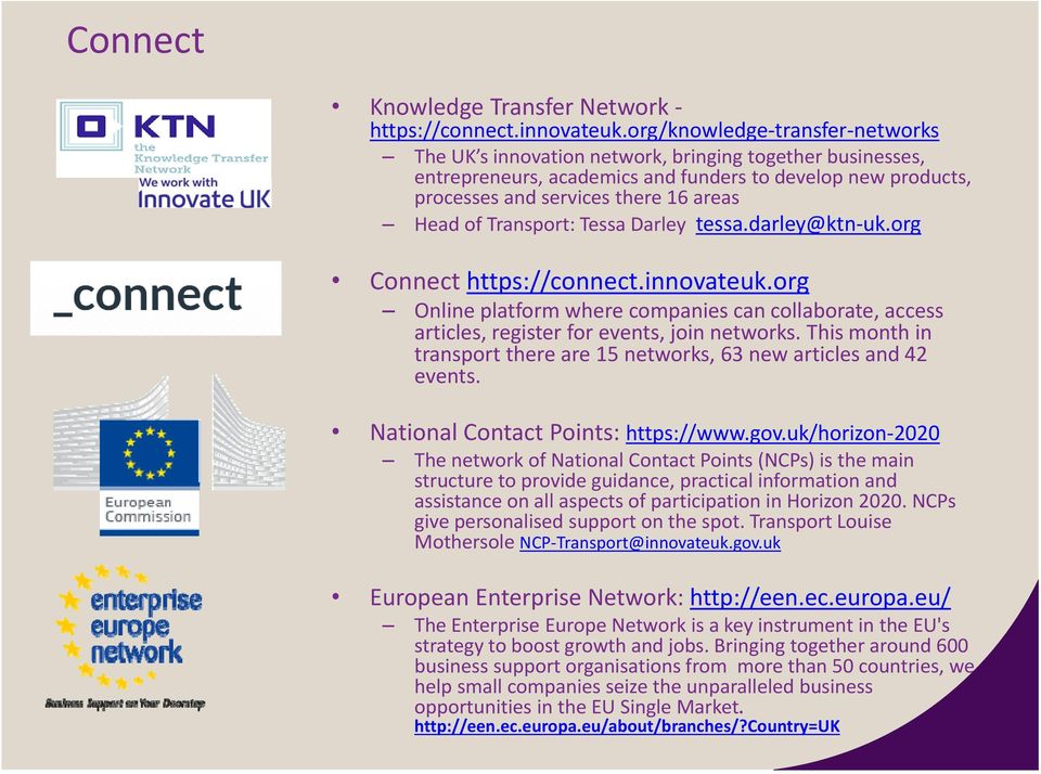 Transport: Tessa Darley tessa.darley@ktn uk.org Connect https://connect.innovateuk.org Online platform where companies can collaborate, access articles, register for events, join networks.
