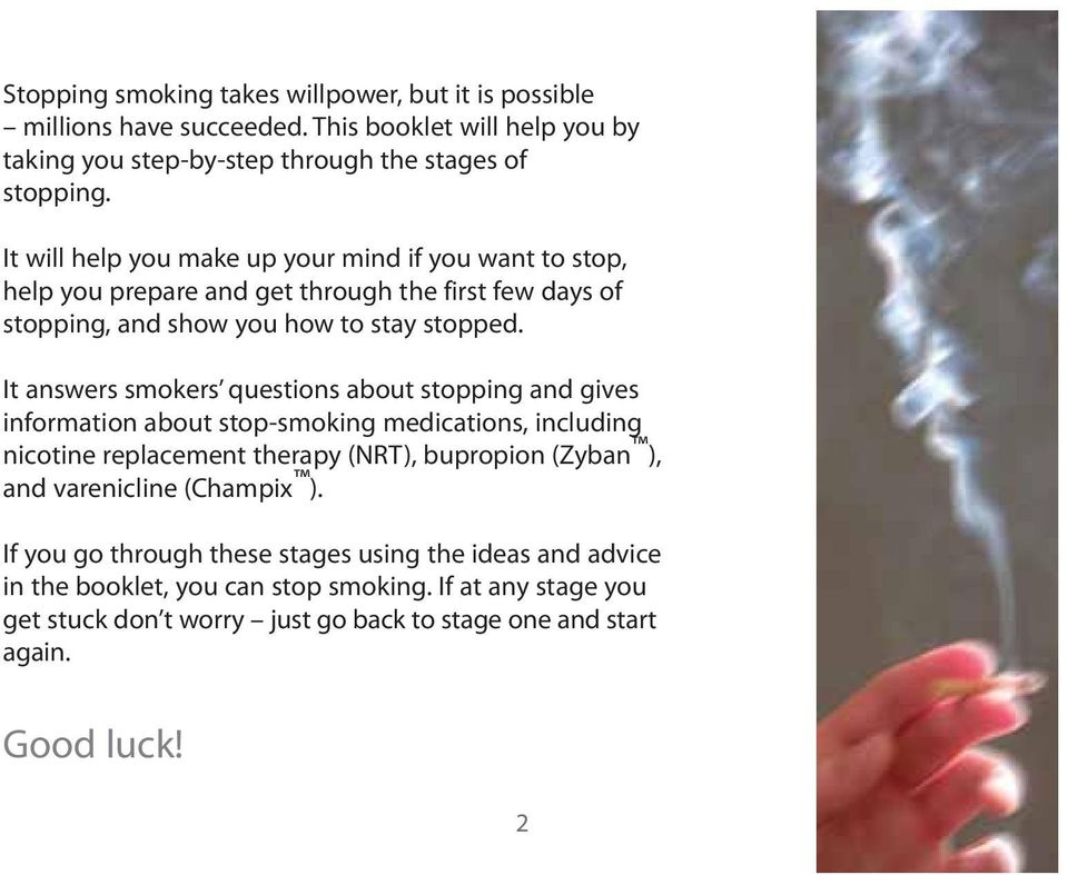 It answers smokers questions about stopping and gives information about stop-smoking medications, including nicotine replacement therapy (NRT), bupropion (Zyban ), and