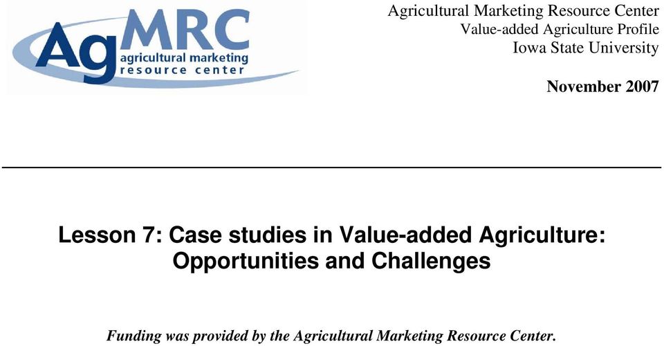 studies in Value-added Agriculture: Opportunities and